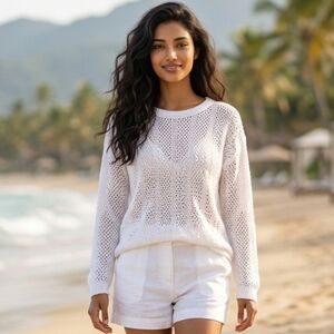 Ralph Lauren White Open Knit Sweater Beachy Boho Long Sleeve Large Great Condit